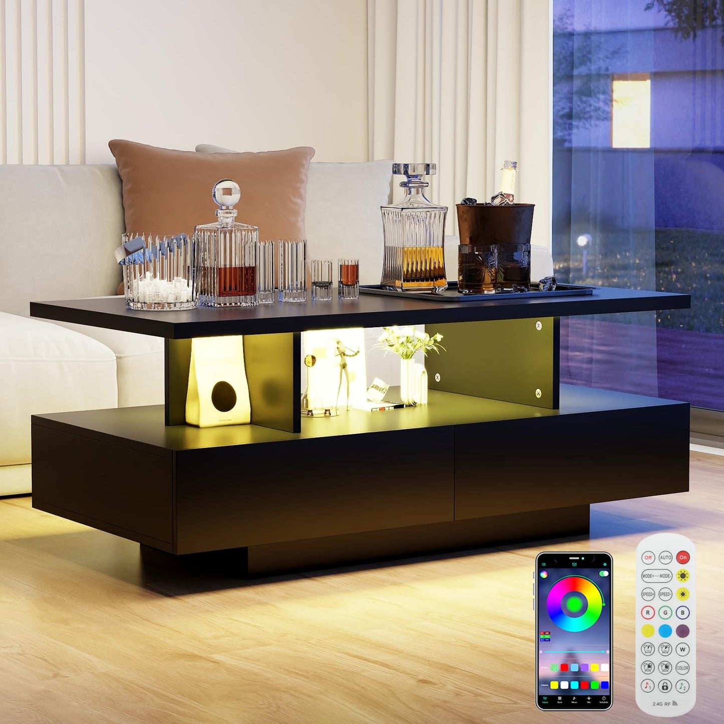 YU YUSING LED Coffee Table, Living Room Table, Coffee Table with 2 Drawers, 2 Shelves, 6000 Coloured LED Lighting, Remote Control, App Control, Side Table with Open, 105 x 50 x 39 cm, Modern White