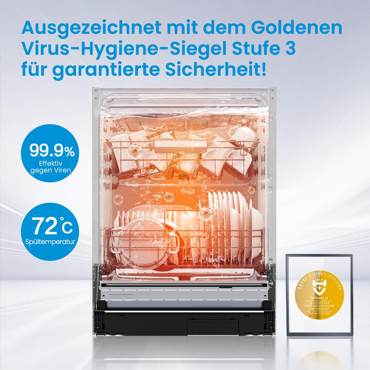 Midea SU 5.35X14CS Dishwasher Base, 14 MGD, Dishwasher 60 cm, Home Connect, Hygiene Care+, Machine Care +, Extra Drying, Half Load, 44 db, Start Delay, Stainless Steel