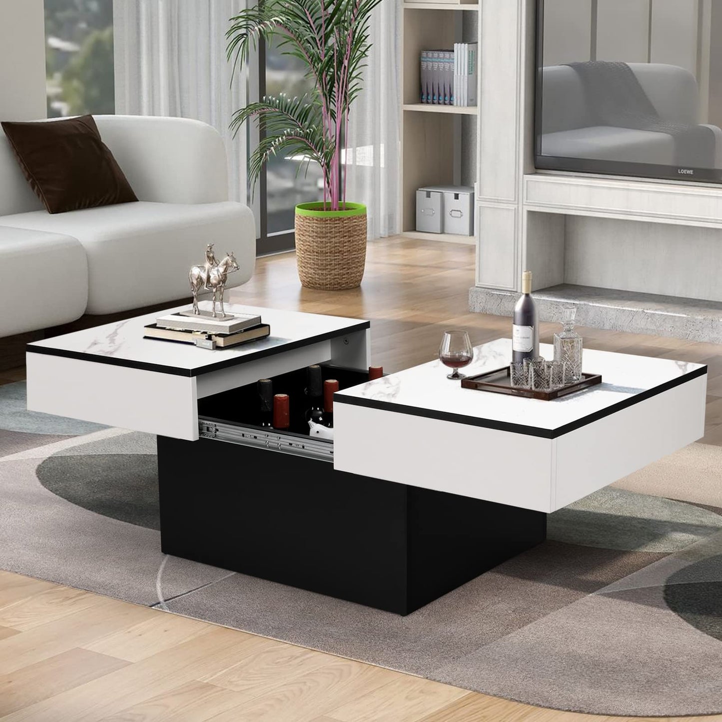 Vowner Coffee Table, Modern Coffee Table, Extendable Desk, Living Room Table with 2 Storage Spaces, High Gloss Finish, 114 x 58 x 40 cm, White Marbling