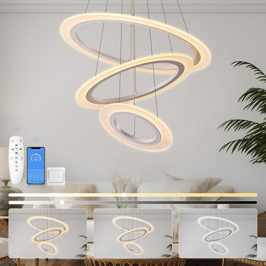 KSIBNW LED Hängelampe Esstisch 3 Ringe Pendelleuchte Dimmbar, Moderne Pendelleuchten Wohnzimmer mit Fernbedienung & APP Höhenverstellbar Acryl Aluminium Pendellampe Schlafzimmer 2700K-6500K, Weiß