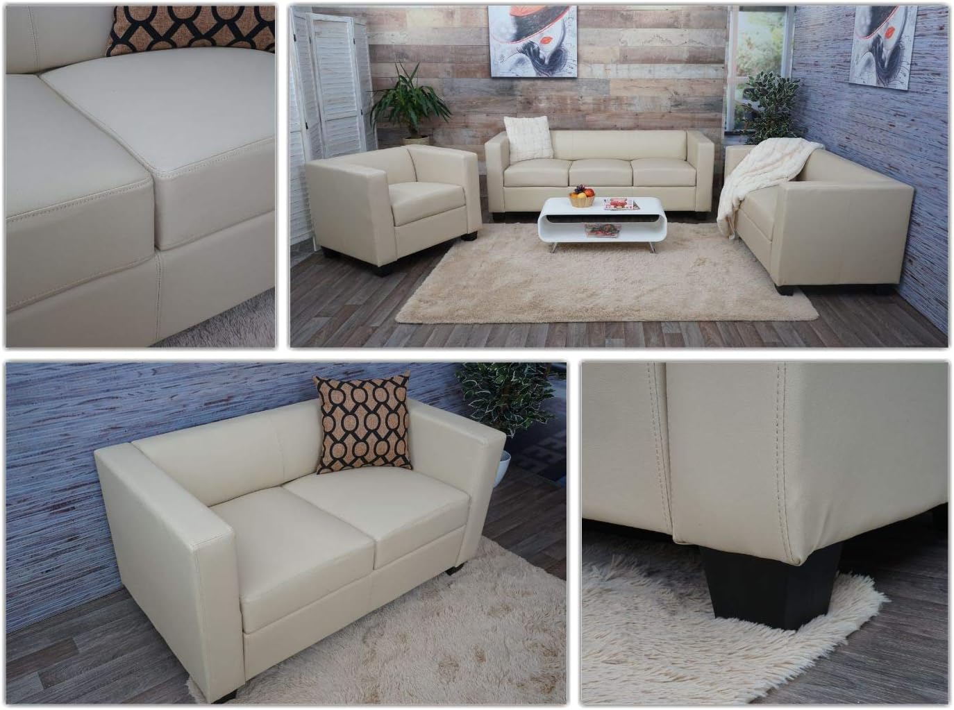 Mendler 3-2-1 Sofagarnitur Couchgarnitur Loungesofa Lille - Leder, Creme