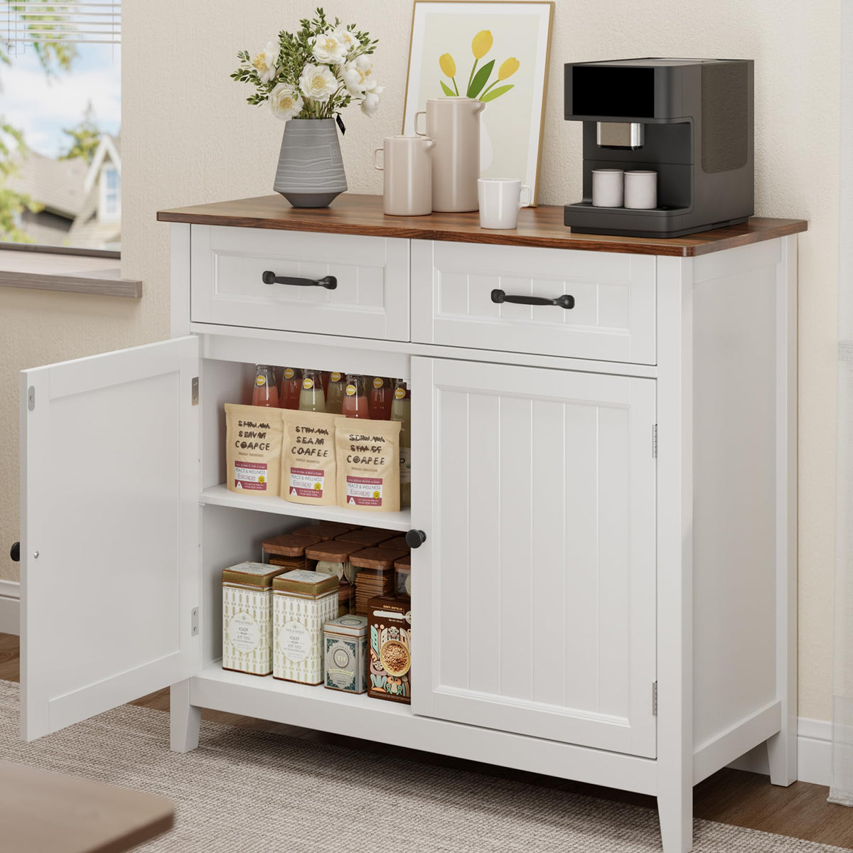 Bealife Kitchen Cabinet, Chest of Drawers with 2 Drawers and 2 Doors, Sideboard Kitchen Buffet with Worktops for Kitchen, Living Room, Hallway and Dining Room (Brown)