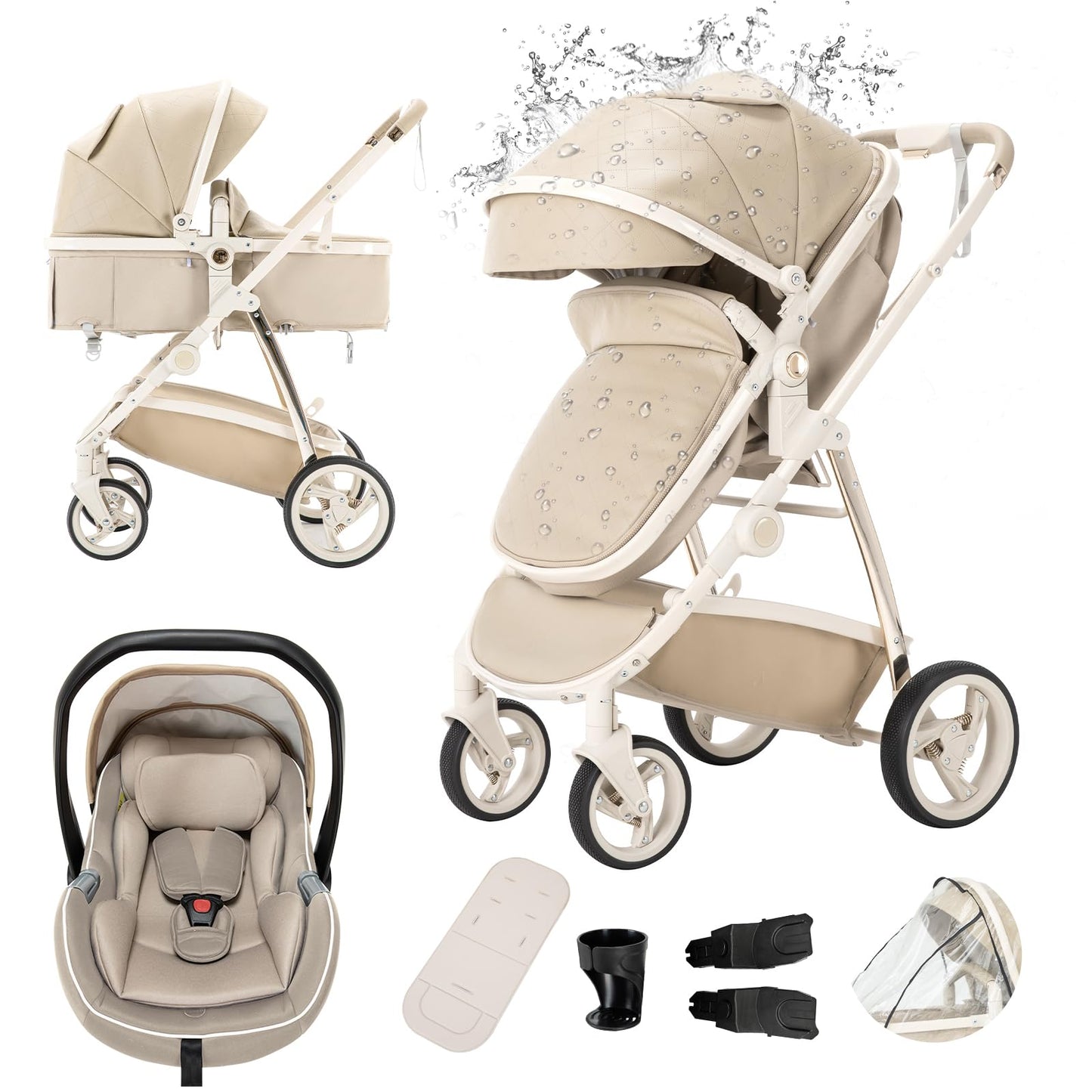 Gcarebb PU Leather 3-in-1 Pram, Buggy with Car Baby Seat, Foldable Portable Pushchair Complete Set, Combination Pushchair with Aluminium Frame for Newborns 0-4 Years