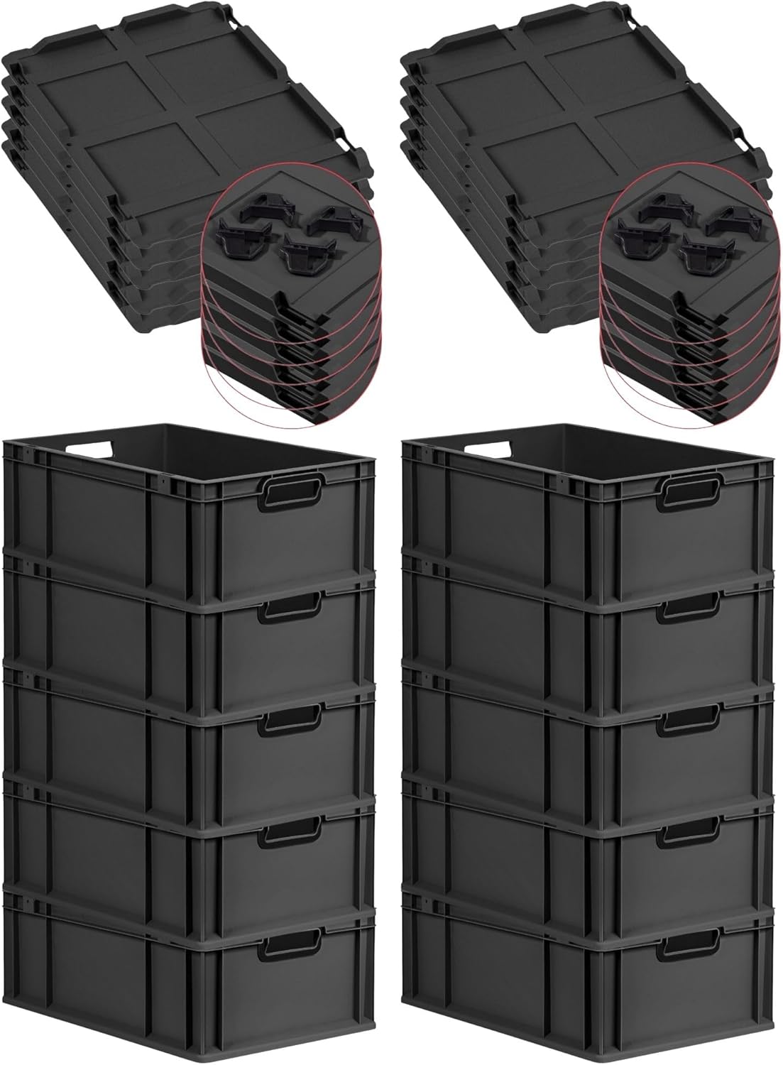 PROREGAL Economy Set of 5 Eurobox NextGen Colour with Lid and Sliding Snap Fasteners, H x W x D 22 x 30 x 40 cm, 20 L, Black, Closed Handles, Euro Container, Transport Box, Transport Container