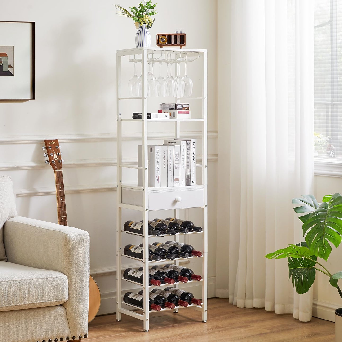 IBUYKE TMJ905H Wine Rack, 4-Layer Freestanding Wine Rack with Glass Holder and Drawer, 16 Bottle Rack, Countertop Wine Rack with Table Top Shelf, for Kitchen, Bar, Dining Room, Vintage Brown