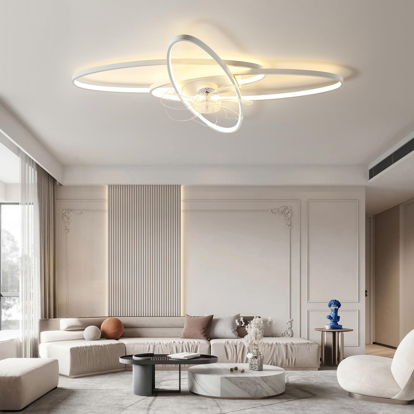LED Lighting with Mute Ceiling Fan 45W Ceiling Light with Fan Light, App and Remote Control, Creative Shape Acrylic Shade (White) Living Room Bedroom Kitchen (White)
