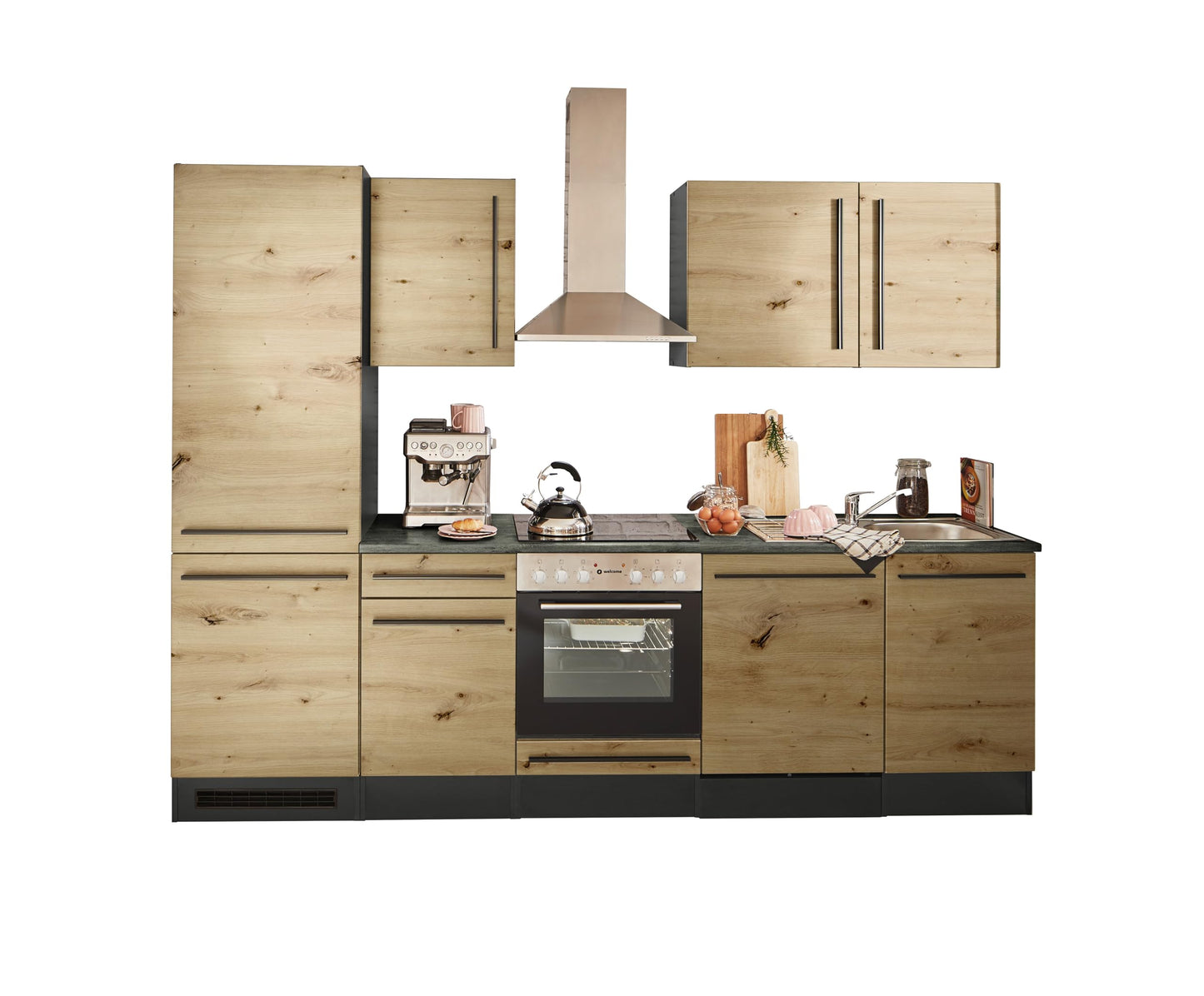 Jazz 8 Modern Kitchen Unit without Electrical Appliances in Anthracite, Artisan Oak Look, Spacious Fitted Kitchen with Lots of Storage Space, 220 x 211 x 60 cm (W x H x D)