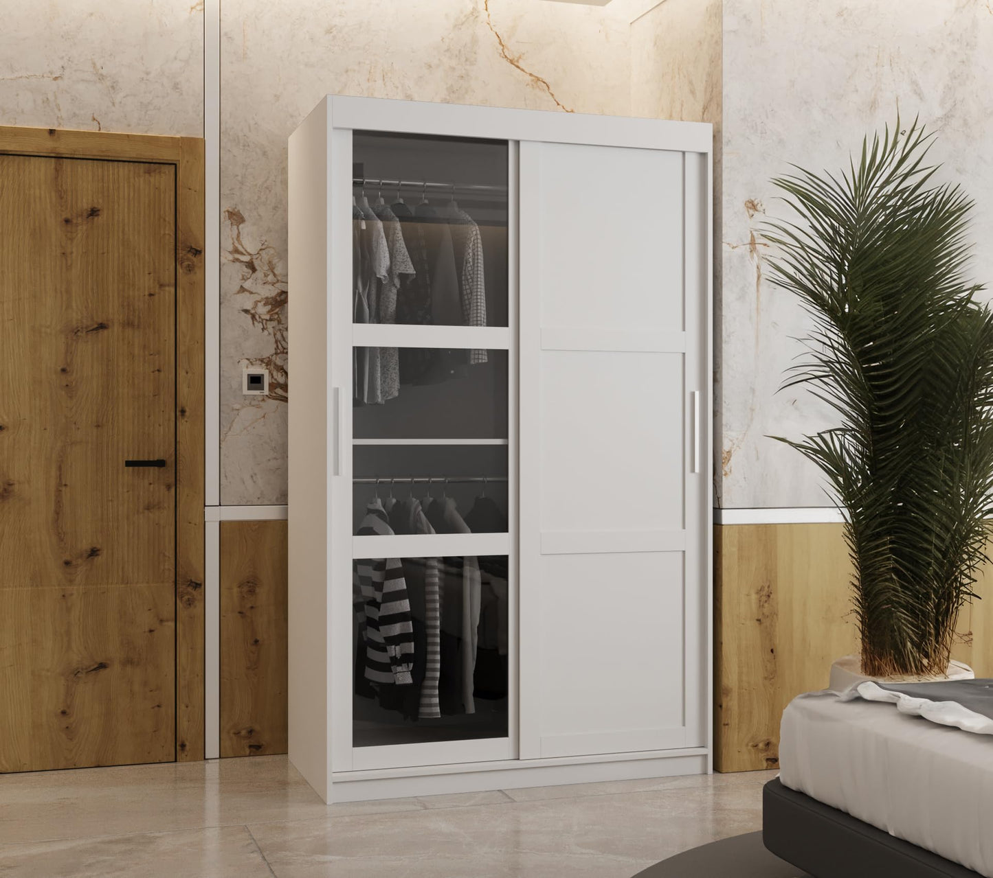 MEBLE KRYSPOL Dome 2 Schrank mit DREI Schiebetüren mit Spiegel, Stangen und Regalen - Aufbewahrungsschrank mit Rauchglas für Schlafzimmer, Wohnzimmer - 200x250x62cm - Schwarz, Schwarz, Schwarz