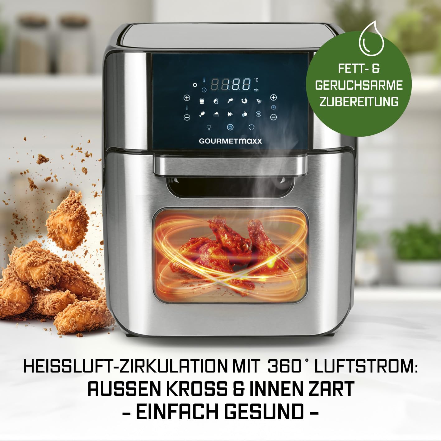 GOURMETmaxx Digitale Heißluftfritteuse 12 L, XXL-Edelstahl-Ofen | Airfryer + Timer, Touchdisplay, Drehspieß | fettarm, energiesparend frittieren | 10 Programme inkl. Pizza | 1800 W