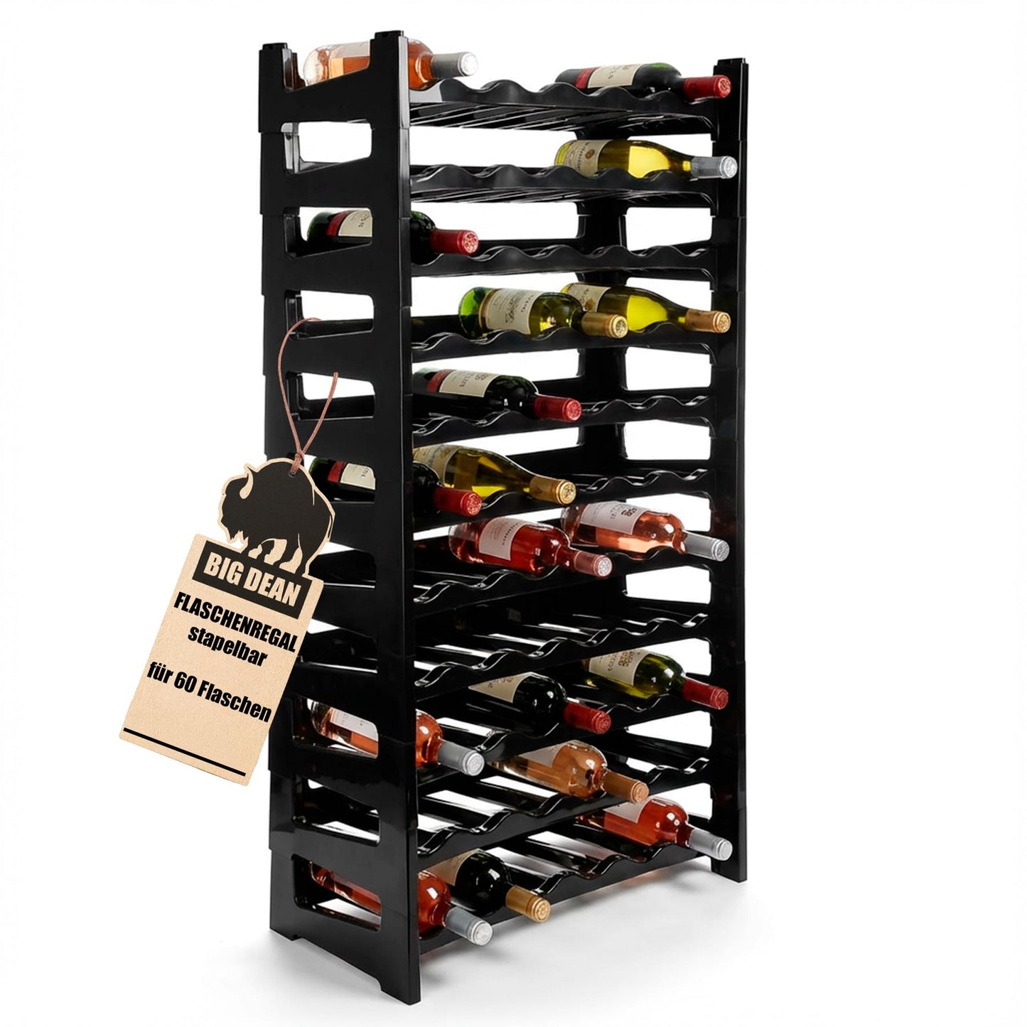BigDean Bottle Rack Stackable for 72 Bottles Wine Rack Made of Plastic Black Drinks Rack Bottles Shelf System for Glass & PET up to 1.5 Litres
