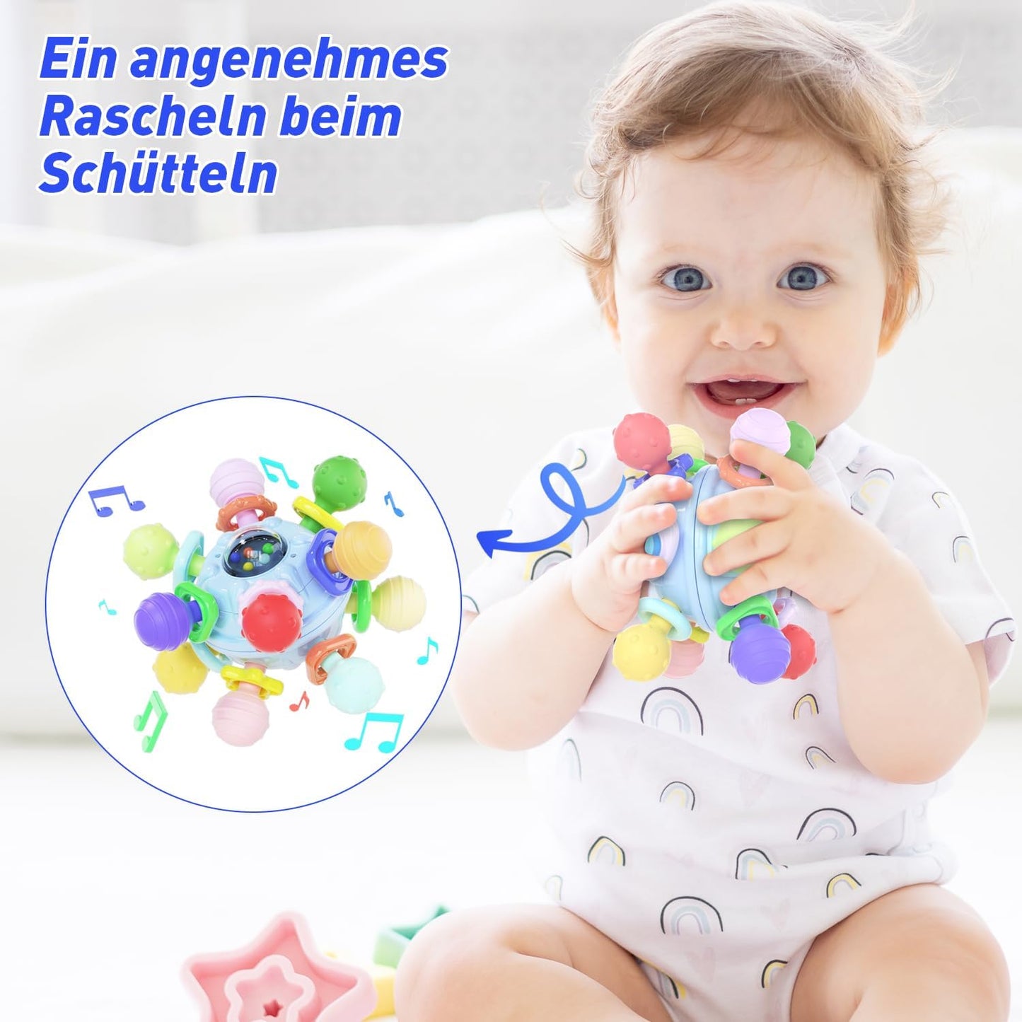 Baby Toy, Baby from 0-3 Months, Silicone Teething Ring, Sensory Rattle Grab Ball, Baby Toy Made of Silicone, Montessori Motor Skills Toy, Baby Rattle for Babies from 3-18 Months