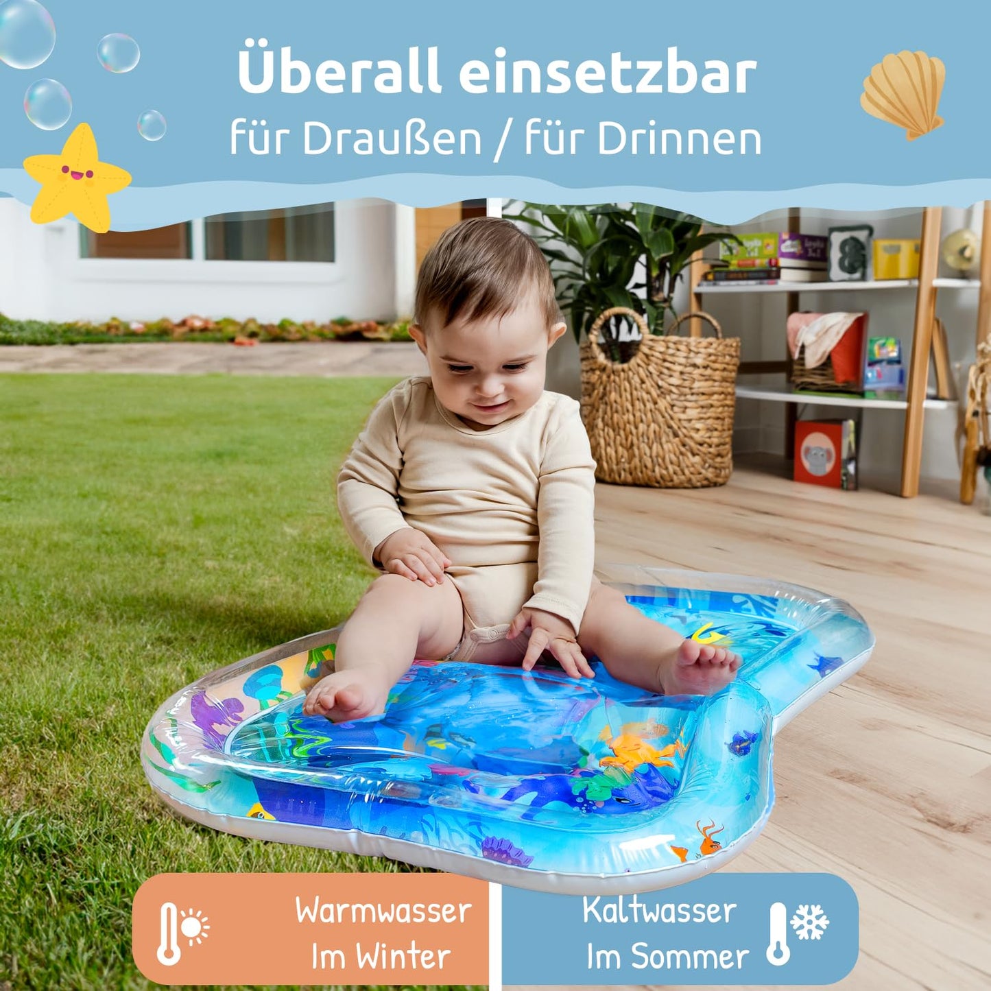 Mallie® Wassermatte Baby 66x50 CM [100% BPA & Schadstoff-Frei] ab 3, 6 und 9 Monate im Ozean Blau Design I Baby Spielzeug, Spielzeug Ab 6 Monate als Wassermatte Baby und Baby Spielzeug 6 Monate