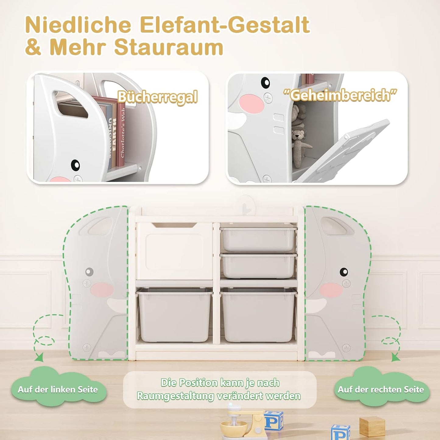 Dripex Children's Shelf, Toy Shelf with 2 Storage Boxes, Bookcase, 101 x 31 x 64.5 cm, Toy Storage Shelf, Children's Room Shelf for Boys, Girls