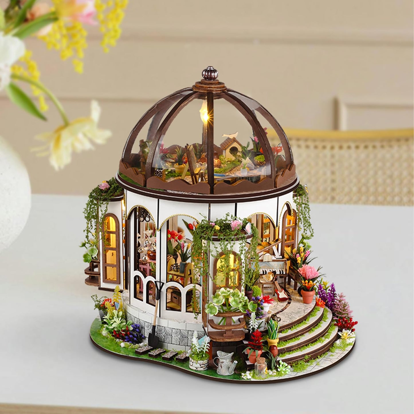 UINOFER DIY Greenhouse Wood, Miniature Garden House Building with Furniture, Creative Construction Kit Adults, Model Kit for Adults and Children - Hanging Garden
