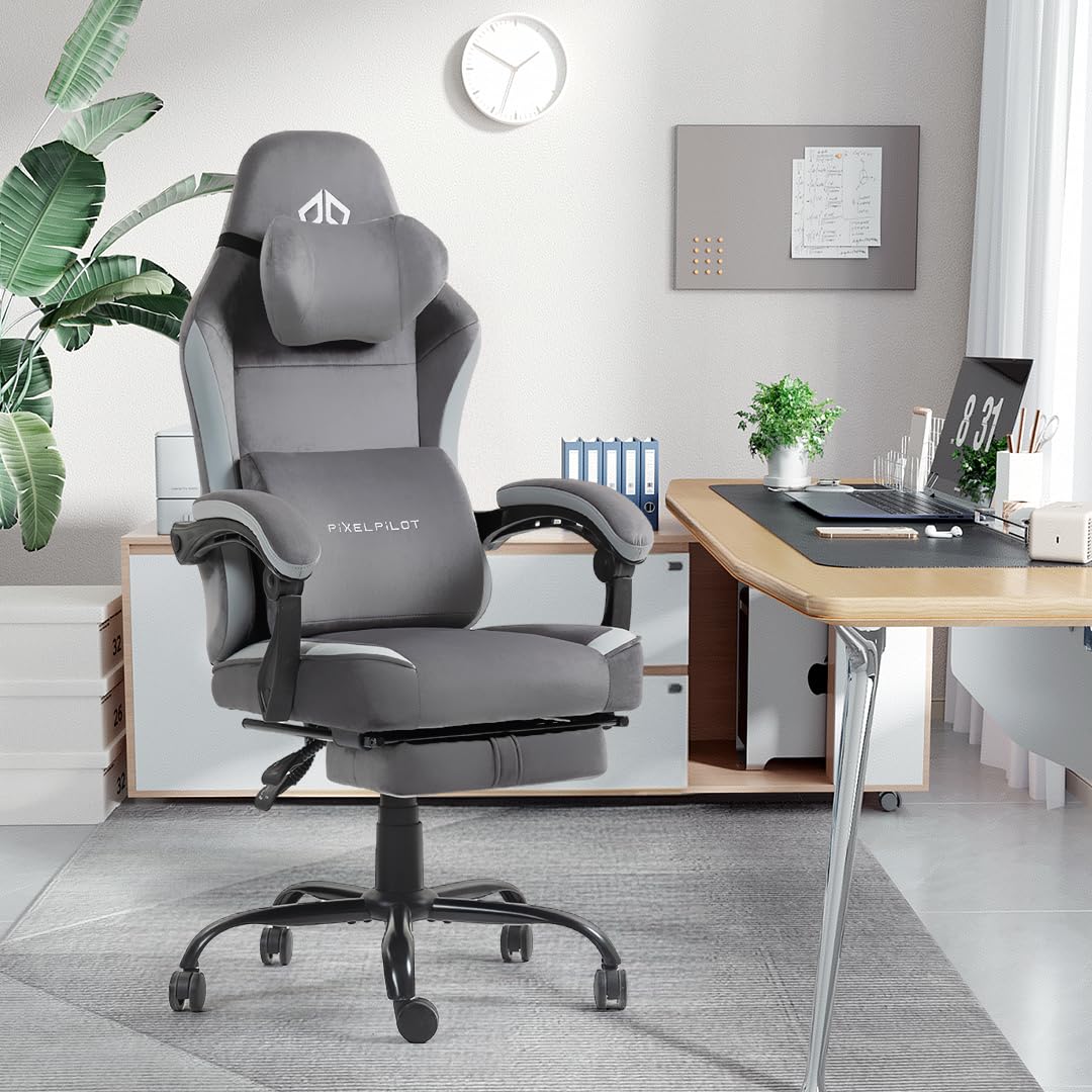 PixelPilot Ergonomic Gaming Chair [Breathable Fabric] Gaming Chair with Footrest, Head and Lumbar Support, Gamer PC Chair Wide Seat, Office Chair 150 kg Load Capacity (Nebula I, Grey)
