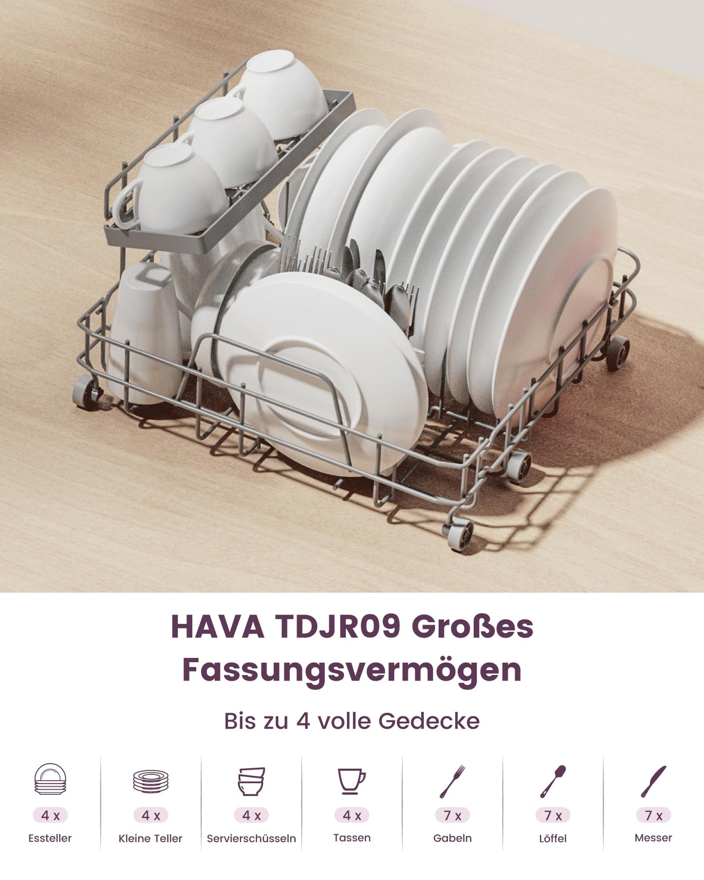 HAVA Dishwasher with Water Softener and Increased Energy Efficiency, Dishwasher with 8 Programmes, Child Lock & Delayed Start, No Installation Required