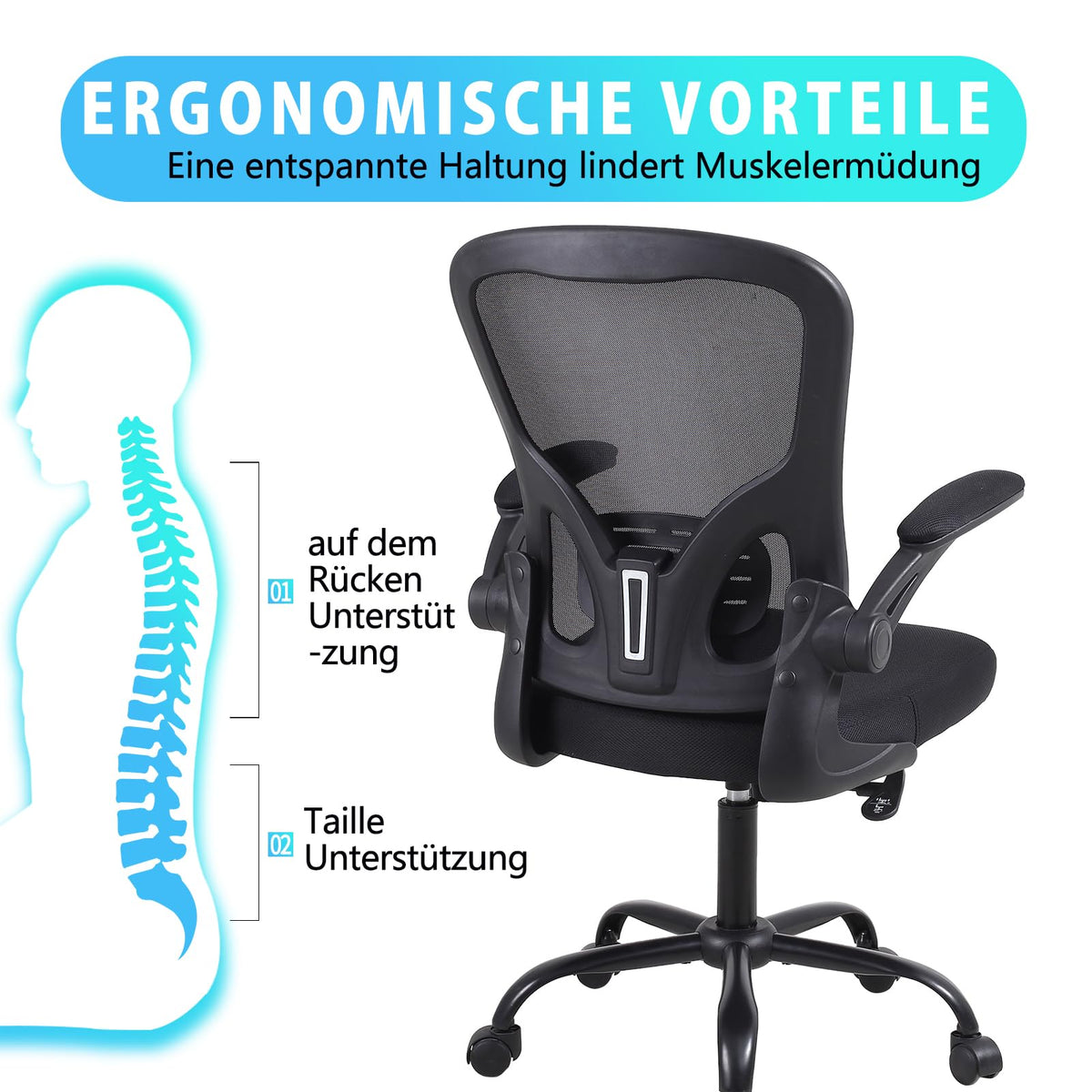 Youhauchair Office Chair, Ergonomic Office Chair with Fold-Up Armrests, Desk Chair with Lumbar Support, Breathable Office Chair, Black