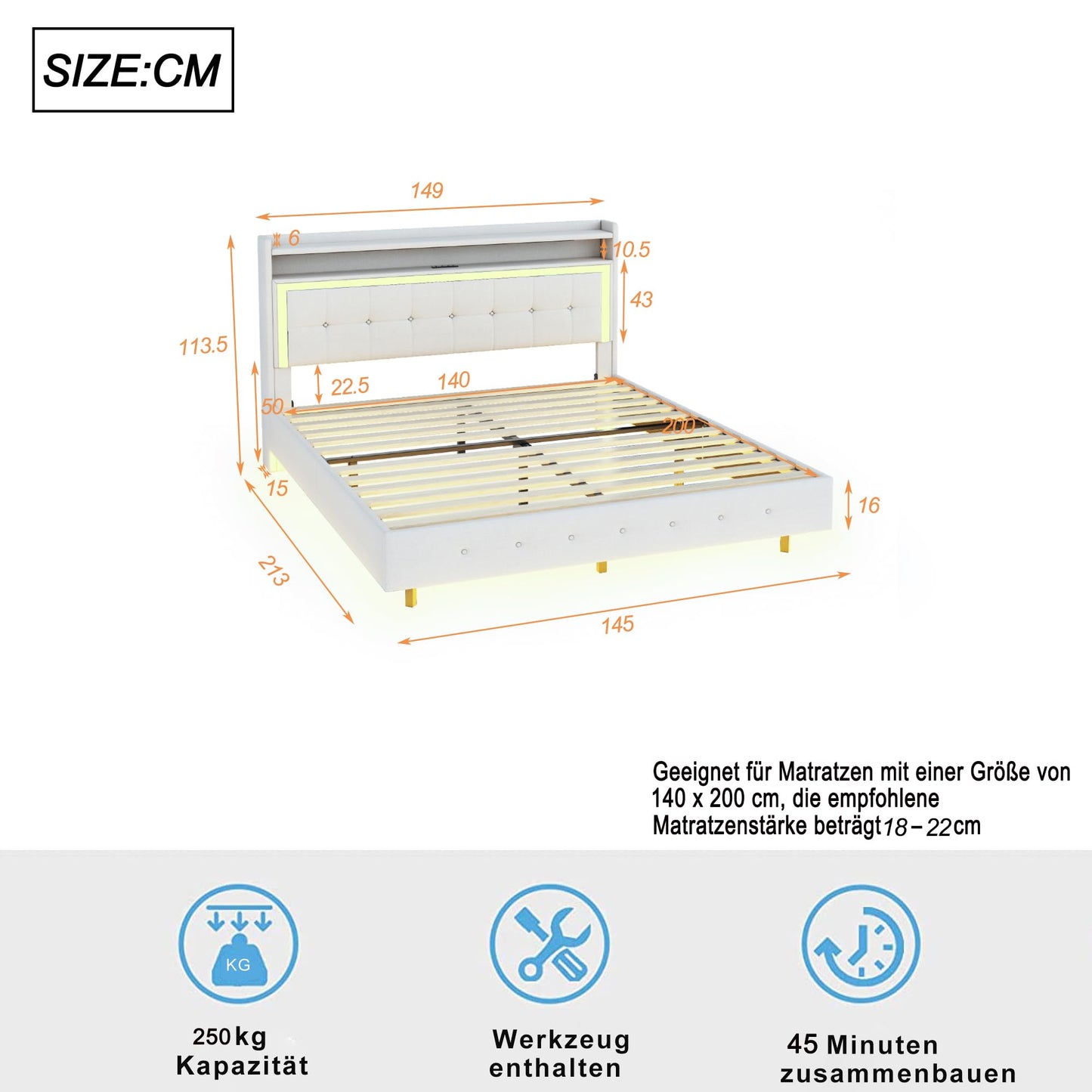 Polsterbett Doppelbett 140x200 cm mit LED-Beleuchtung und USB-Ladeanschluss, Bett mit Stauraumkopfteil, Stauraumbett mit Metallrahmen und Lattenrost aus Holz, Leinen, Beige, Ohne Matratze