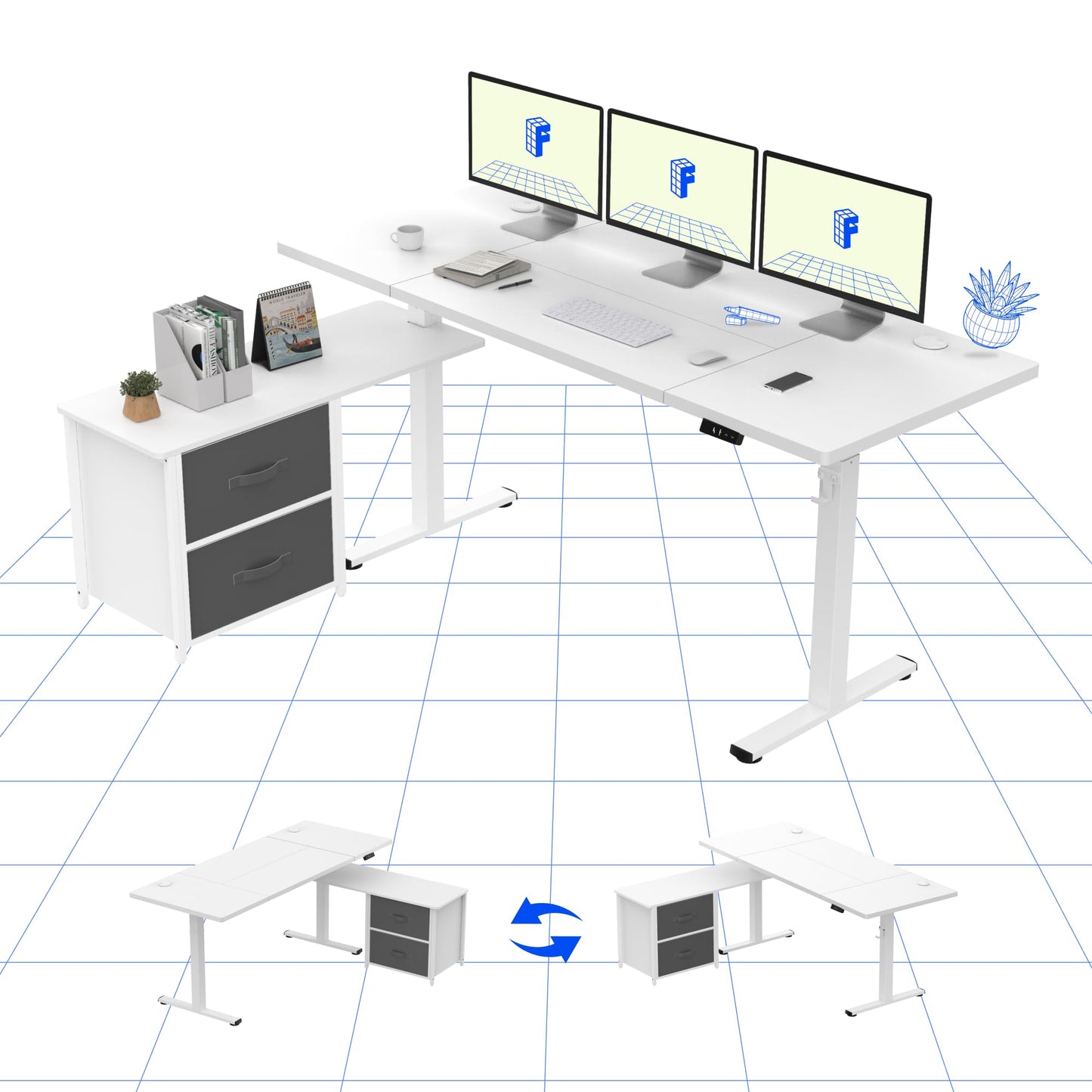 FLEXISPOT Height-Adjustable Desk, Electrically Height-Adjustable, L-Shaped with Drawers and Reversible Storage Space, Ergonomic Standing Seat Table, 160 x 70 cm, White