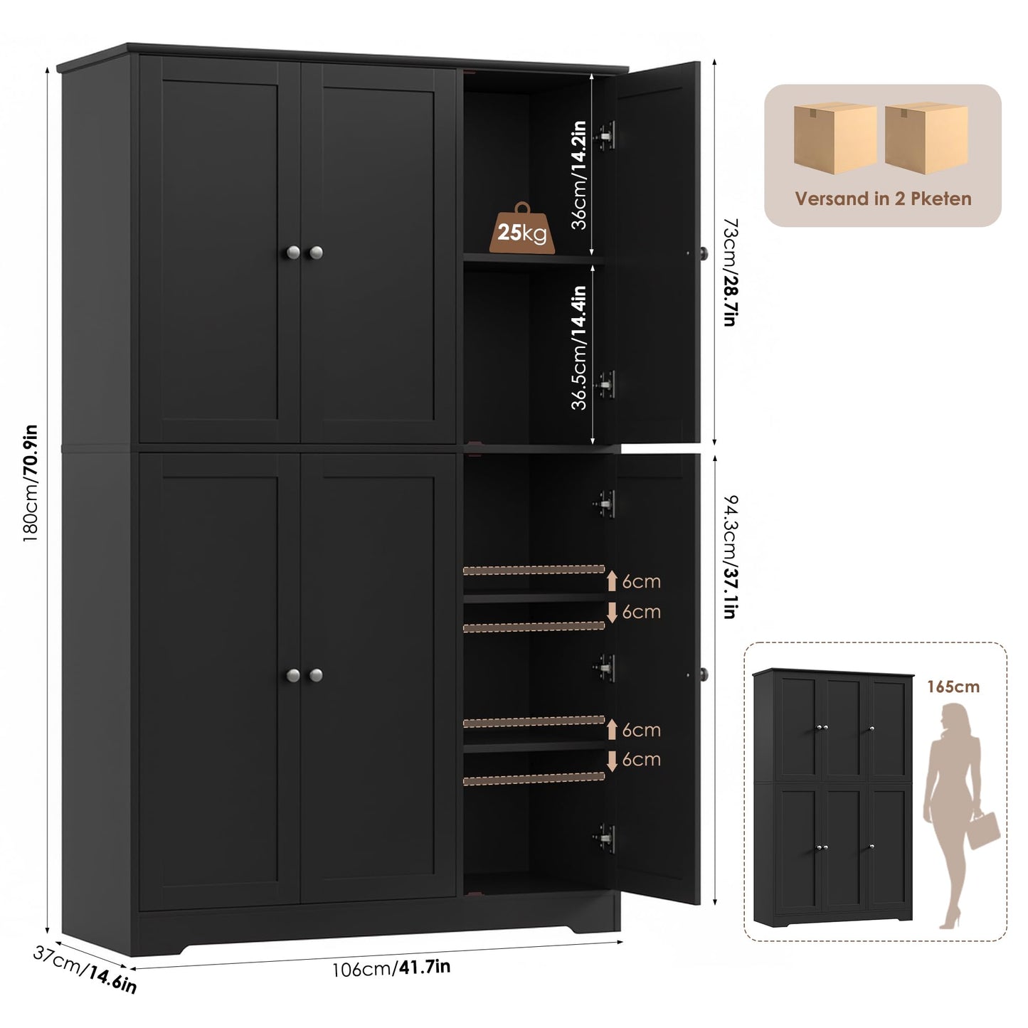 FirFurd Multi-Purpose Cabinet, 180 cm Kitchen Cupboard, Storage Cabinet, Buffet Cabinet with 6 Doors and Adjustable Shelves, All-Purpose Cabinet for Kitchen, Living Room, Entrance Area, 180 x 106 x 37