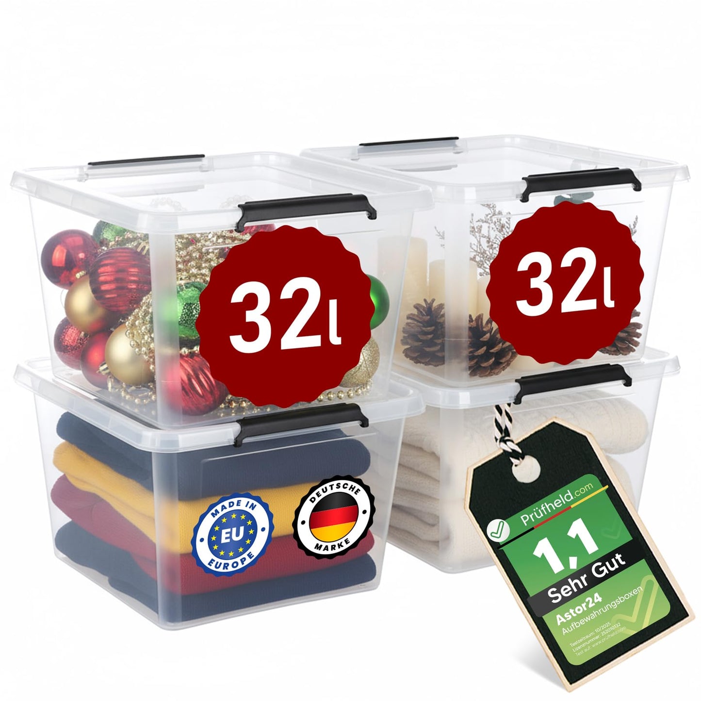 astor24 Storage Box with Lid - Transparent Organiser 40 L - Food Safe - Stackable. Ideal for Office, Children's Room, Clothes Boxes - Kitchen - Workshop