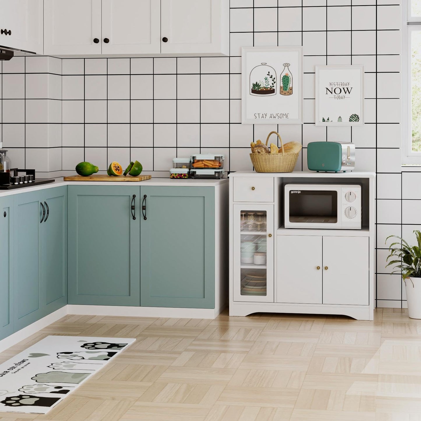 HOCSOK Kitchen Cabinet with Worktop, Sideboard Kitchen with Microwave Shelf, Buffet Cabinet with 1 Drawer, 3 Doors, Adjustable Shelves, for Kitchen, Dining Room, Living Room, Black