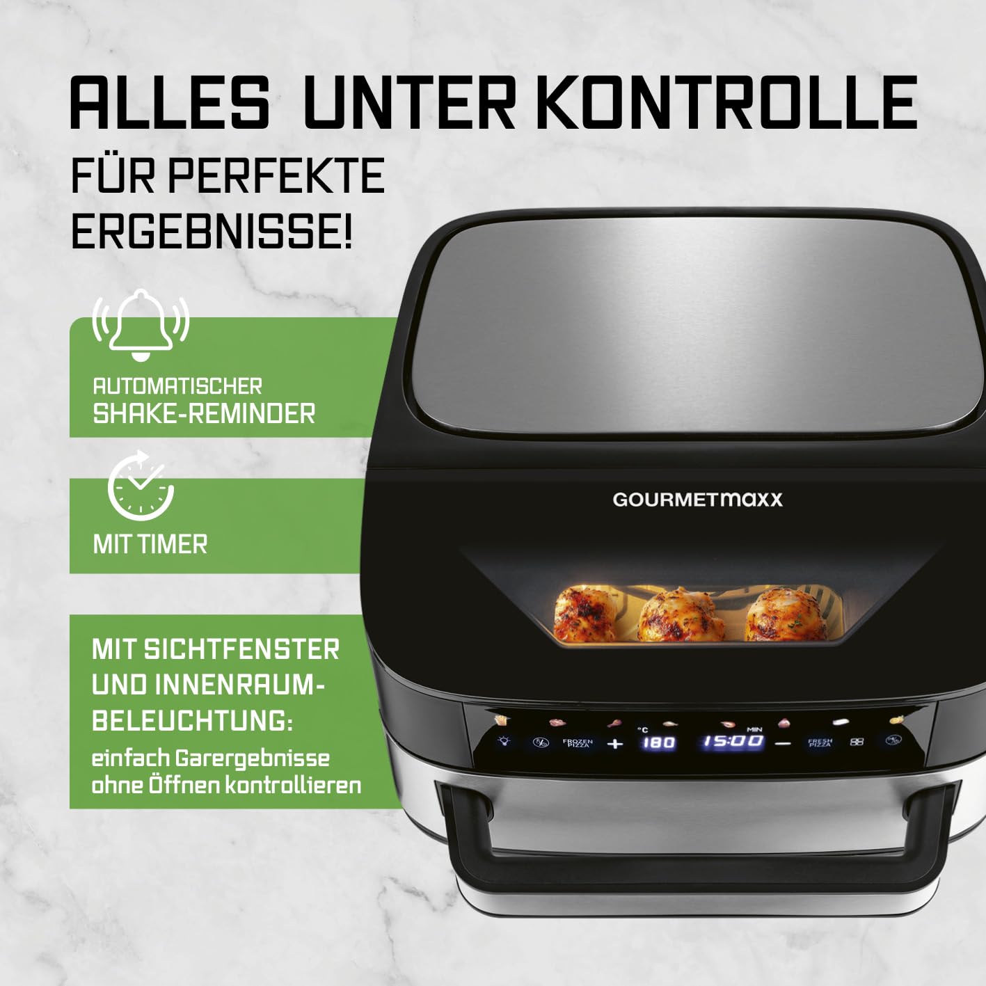 GOURMETmaxx Digitale Heißluftfritteuse 12 L, XXL-Edelstahl-Ofen | Airfryer + Timer, Touchdisplay, Drehspieß | fettarm, energiesparend frittieren | 10 Programme inkl. Pizza | 1800 W