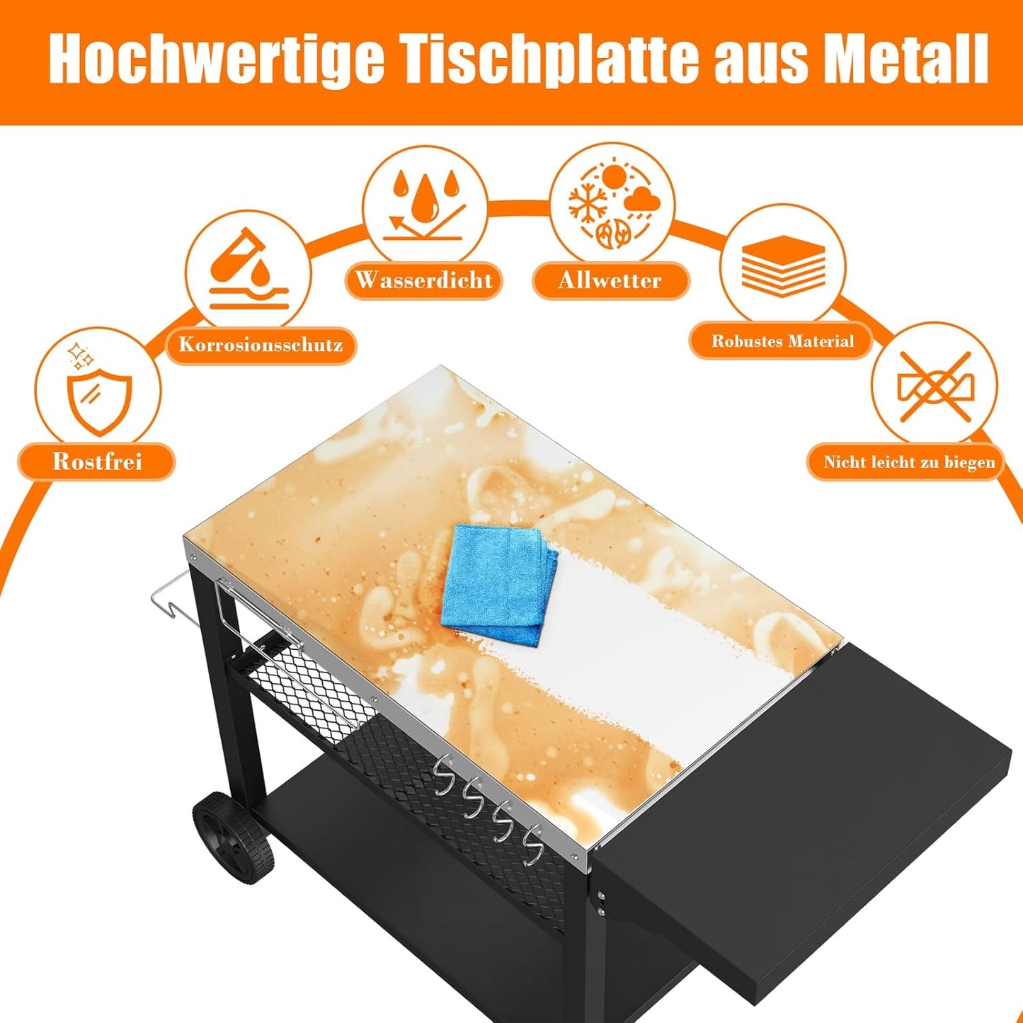 Denmay Stainless Steel Grill Table Grill Trolley 116 x 54 cm with 3 Levels, Pizza Oven Stand, Grill Table for Outdoor Use, Work Trolley with 4 Hooks, Outdoor Serving Trolley Side Table, Kitchen