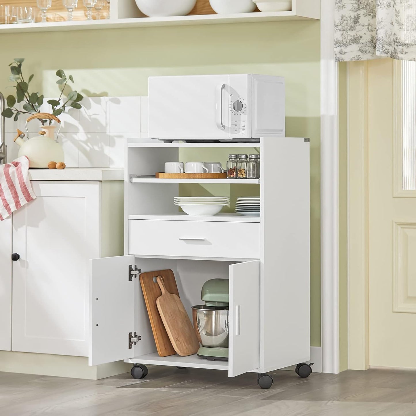 SoBuy® FSB09-W Kitchen Cupboard, Kitchen Trolley, Rolling Cabinet, Drinks Trolley, Microwave Cabinet with One Sliding Shelf, White W x H x D approx. 59 x 92 x 40 cm