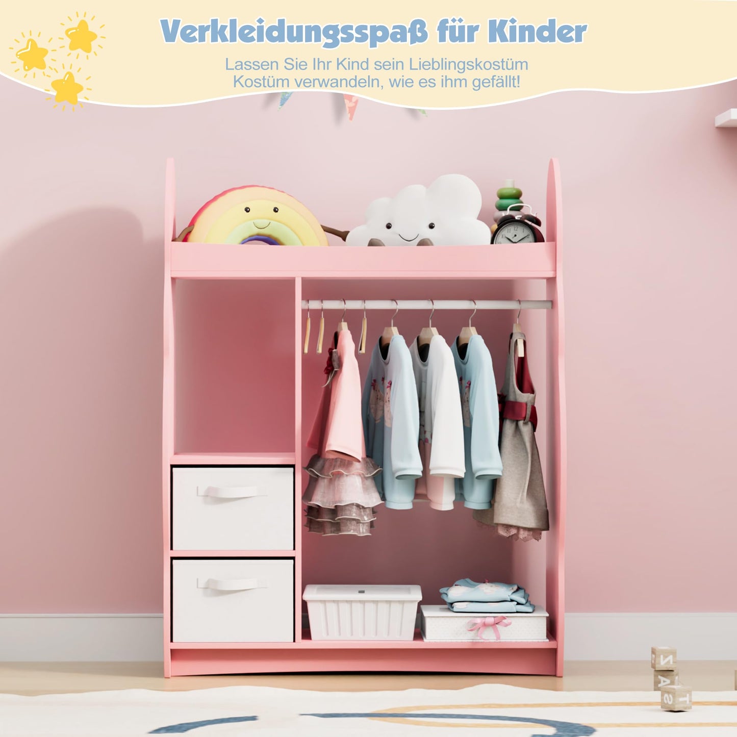 Children's Clothes Rack with Mirror, Clothes Rail with Shelves, Children's Wardrobe Wood, Children's Shelf for Children's Room, 81 x 28 x 106.5 cm (Clouds with 2 Drawers, White)