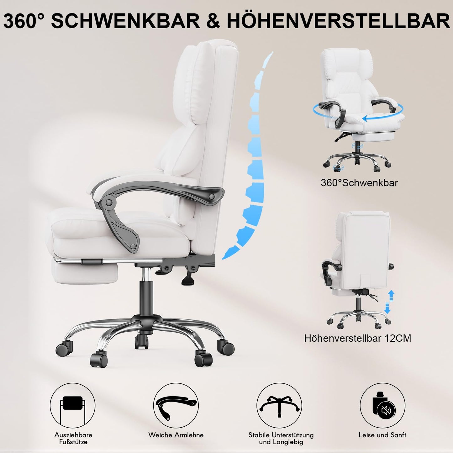 naspaluro Executive Office Chair with Footrest, Ergonomic Desk Chair, PU Leather Computer Chair with Padded Armrests and Soft Headrest Tilt Function, Height Adjustable Swivel Chair, Black