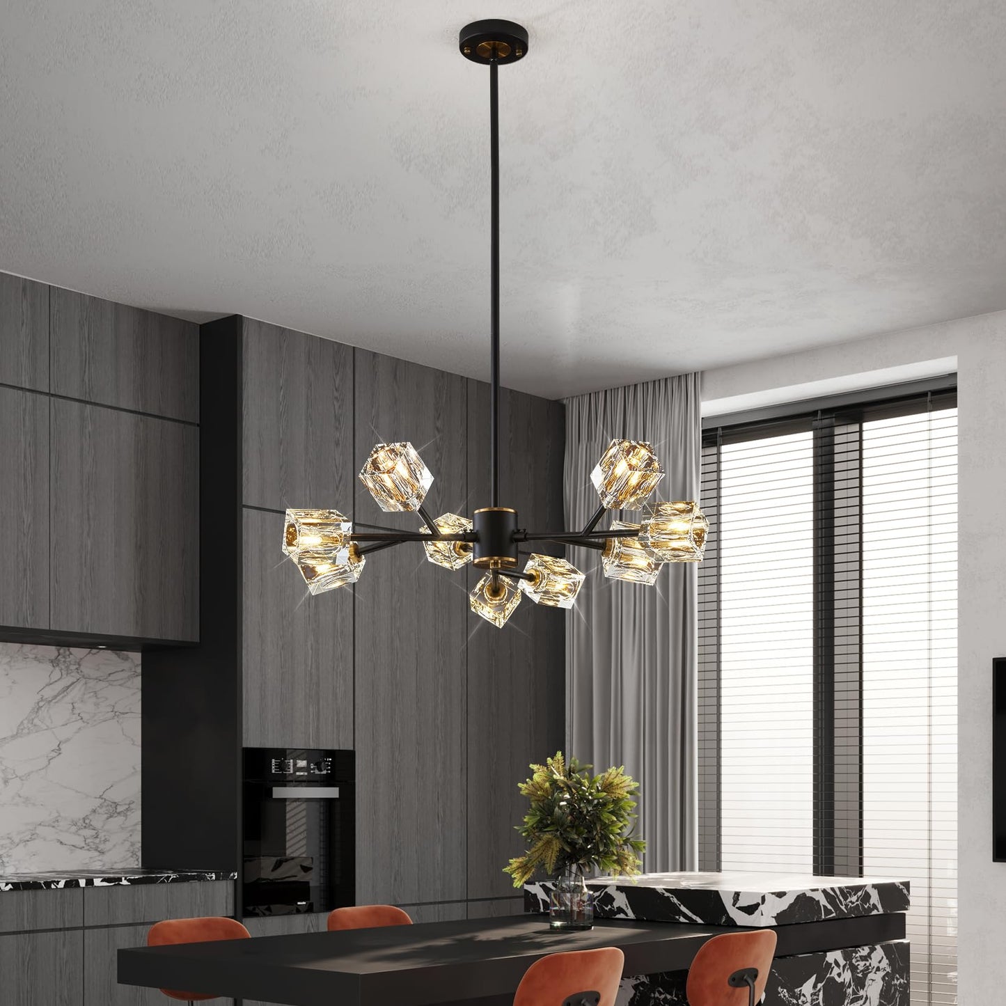 Crystal Ceiling Light, Modern Black and Gold Ceiling Lamp, 8 Lights Design, K9 Crystal Chandelier, Semi-Flush Luxury Ceiling Light for Bedroom, Living Room and Dining Room