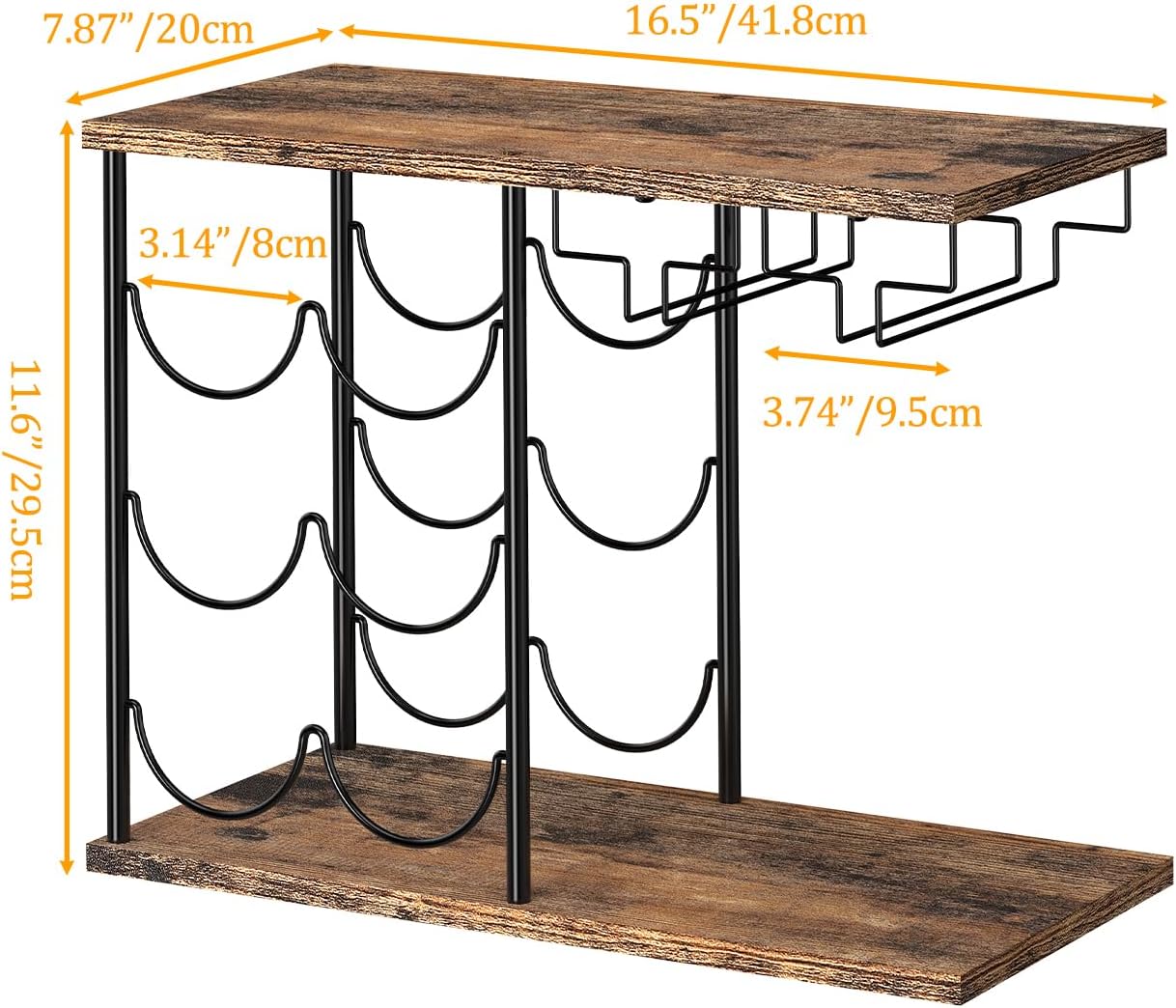 Wine Rack for 6 Bottles, Bottle Rack with 3 Shelves, Vintage Metal Wine Stand with Glass Holder, Bottle Holder, Freestanding Bottle Rack for Kitchen, Bar, Dining Room, Living Room, Vintage Brown/Black