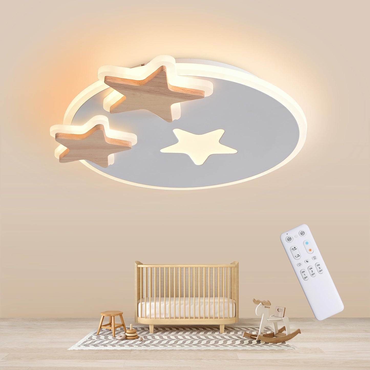 34 cm LED Ceiling Light Bedroom Wooden Children's Room Lamp Ceiling Star Children's Lamp Dimmable Ceiling Lamp for Children Lamp with Remote Control