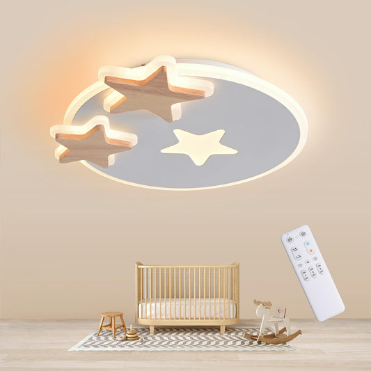 34 cm LED Ceiling Light Bedroom Wooden Children's Room Lamp Ceiling Star Children's Lamp Dimmable Ceiling Lamp for Children Lamp with Remote Control