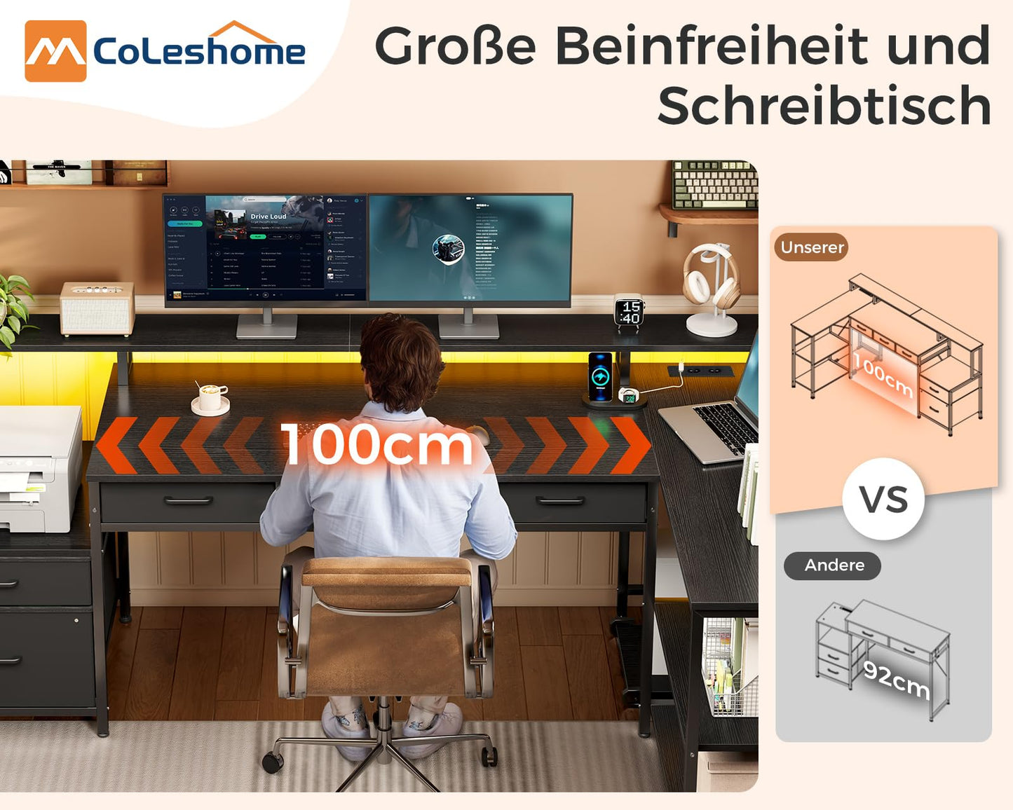 Coleshome L Shape Desk with Drawers, 195 x 100 cm Gaming Table with Socket, LED & Monitor Stand, Reversible Corner Desk with Storage Space, Computer Desk with Shelf for Office, Black