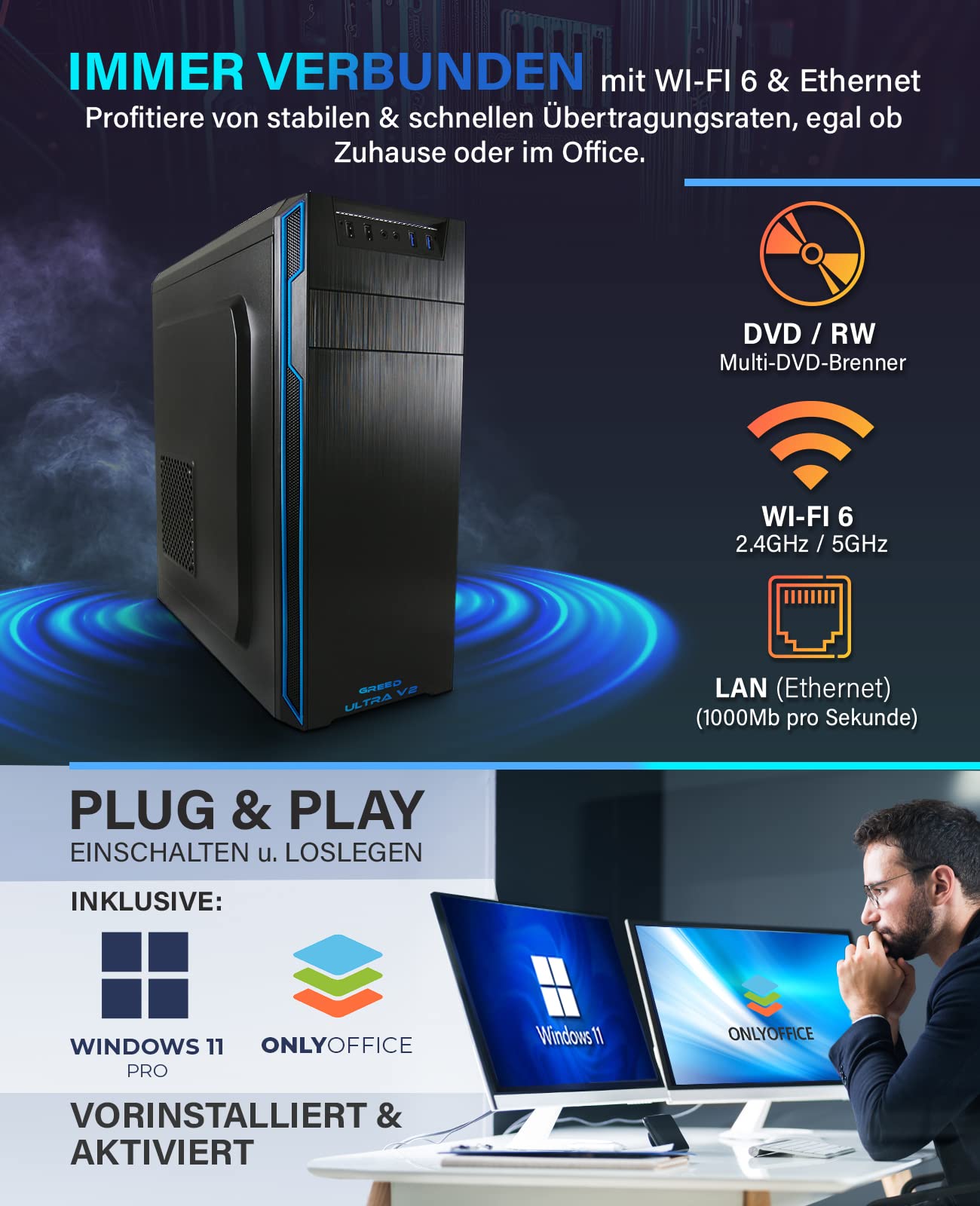 Greed® Ultra V2 PC mit Intel Core i7 12700F - Schneller Rechner - Computer für Büro & Home Office mit 4,8 GHZ - 32GB RAM/Arbeitsspeicher - 1TB SSD + 1TB HDD - DVD+RW - USB 3.1 - WLAN, inkl Win 11 Pro