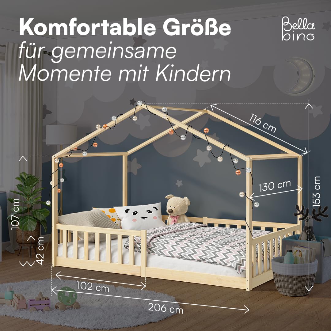 Bellabino Bia Children’s Bed, 90 x 200 cm, Children’s House Bed incl. Fall Protection and Rolled Slatted Frame, Montessori Floor Bed, White, Solid Pine Wood