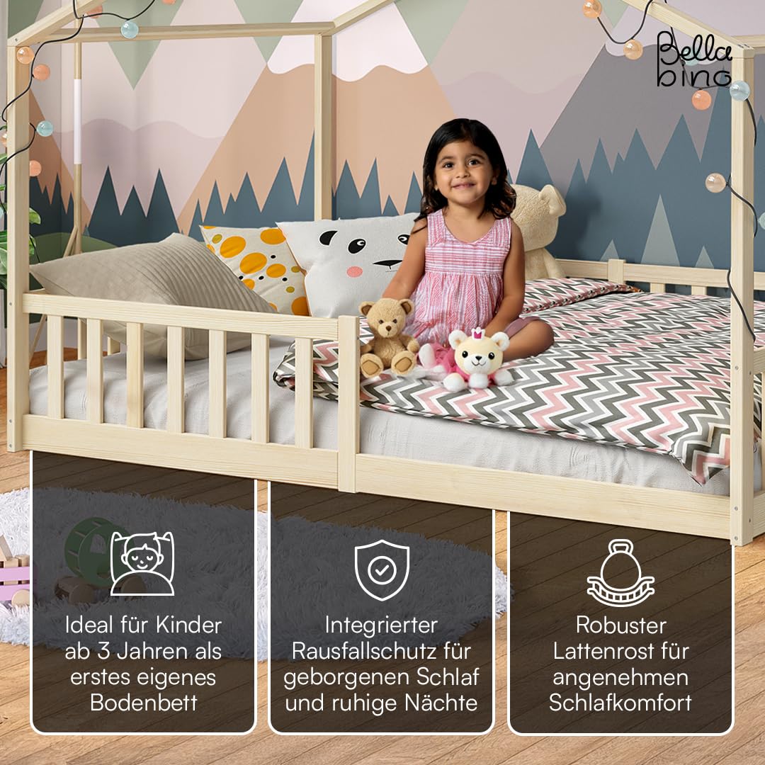 Bellabino Bia Children’s Bed, 90 x 200 cm, Children’s House Bed incl. Fall Protection and Rolled Slatted Frame, Montessori Floor Bed, White, Solid Pine Wood