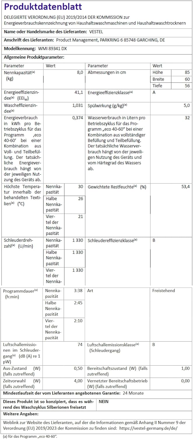 VESTEL WMI 89341 DX Washing Machine Front Loader, 8 kg, 1400 rpm, Inverter Motor, Steam, AquaStop + Switch, Dark Stainless Steel