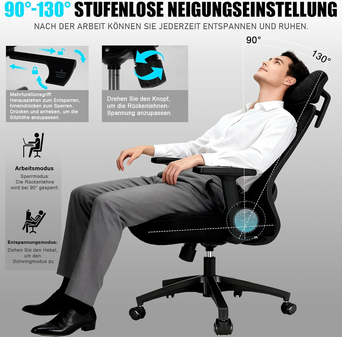 Milacyee Ergonomic Office Chair, Desk Chair with Adjustable 4D Lumbar Support, Office Chair with Headrest, Mesh Executive Chair with 90°-130° Reclining Function (Lockable), Swivel Chair up to 150 kg