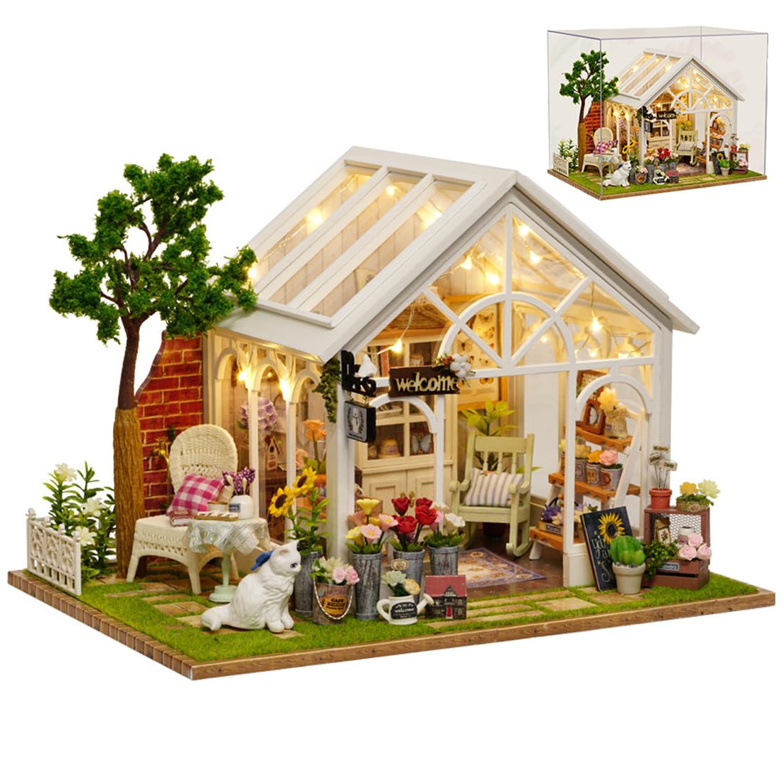 UINOFER DIY Greenhouse Wood, Miniature Garden House Building with Furniture, Creative Construction Kit Adults, Model Kit for Adults and Children - Hanging Garden