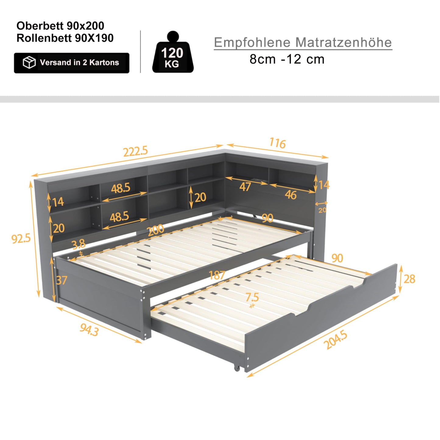xixiworkshop Kinderbett 90x200cm Ausziehbett Bett mit Stauraum und USB-Steckdose/Mehreren Ablagefächern multifunktionales Jugendbett/Gästebett/Doppelbett mit Stauschrank Lattenrost,Ohne Matratze,Grau