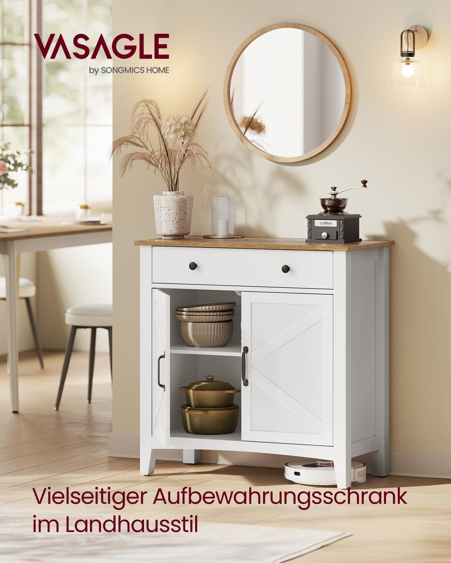 VASAGLE Kitchen Cabinet, Sideboard with Drawers, Storage Cabinet with Doors, Adjustable Shelf, Country House Style, for Living Room, Kitchen, 40 x 80 x 80 cm, Cloud White/Honey Brown BBK341W02