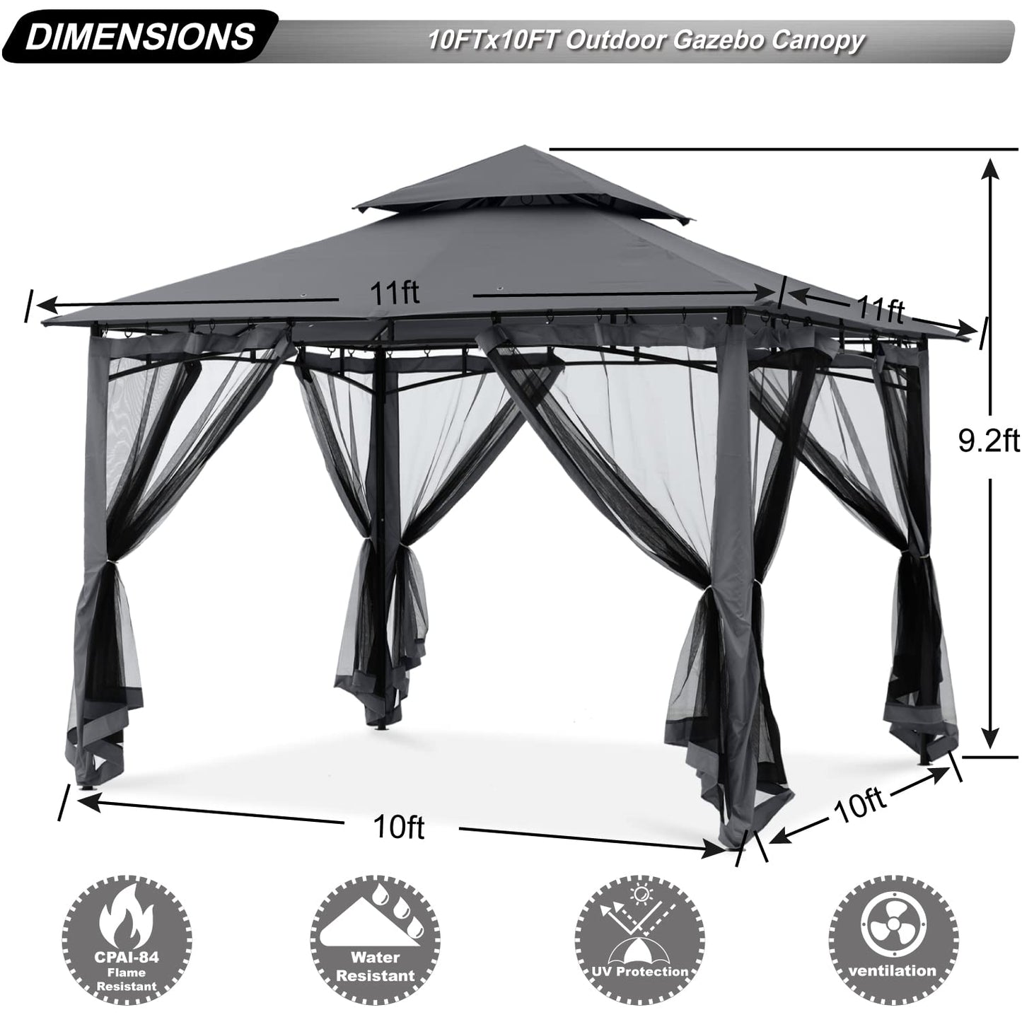 ABCCANOPY Pavillon 2.5x2.5m Wasserdicht Stabil Winterfest Gartenpavillon，Doppeldachweichdach Hinterhof-Partyzelt mit Netz für Schatten und Regen,Grau