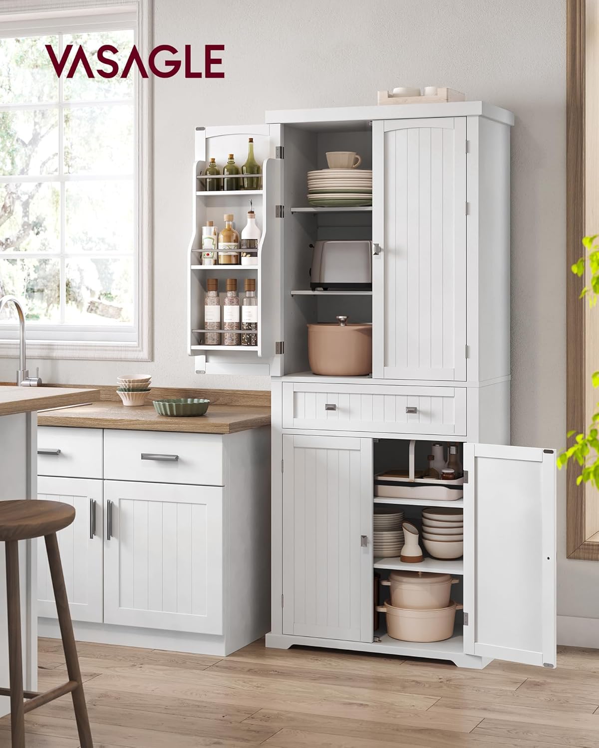 VASAGLE BBC561W21 Kitchen Cabinet, Tall Cabinet Kitchen Buffet Cabinet with Adjustable Shelves, Dining Room Cabinet with Drawers for Living Room Kitchen, 40 x 76 x 182.1 cm, White