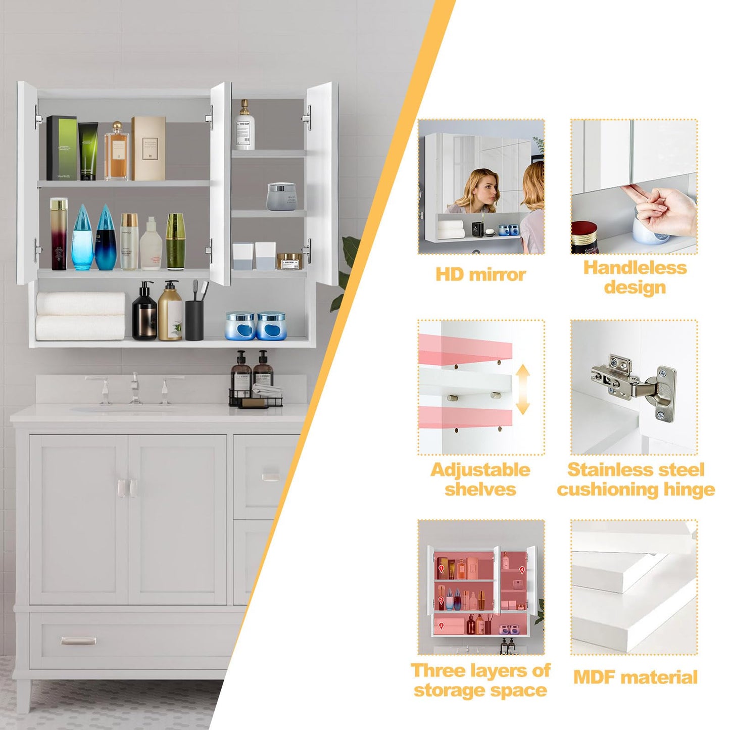 TUKAILAI Mirror Cabinet Bathroom Cabinet with 2 Toy Doors and Additional Shelf Storage Cabinet with Adjustable Shelves Wall Cabinet Medicine Cabinet Wall Cabinet for Bathroom White