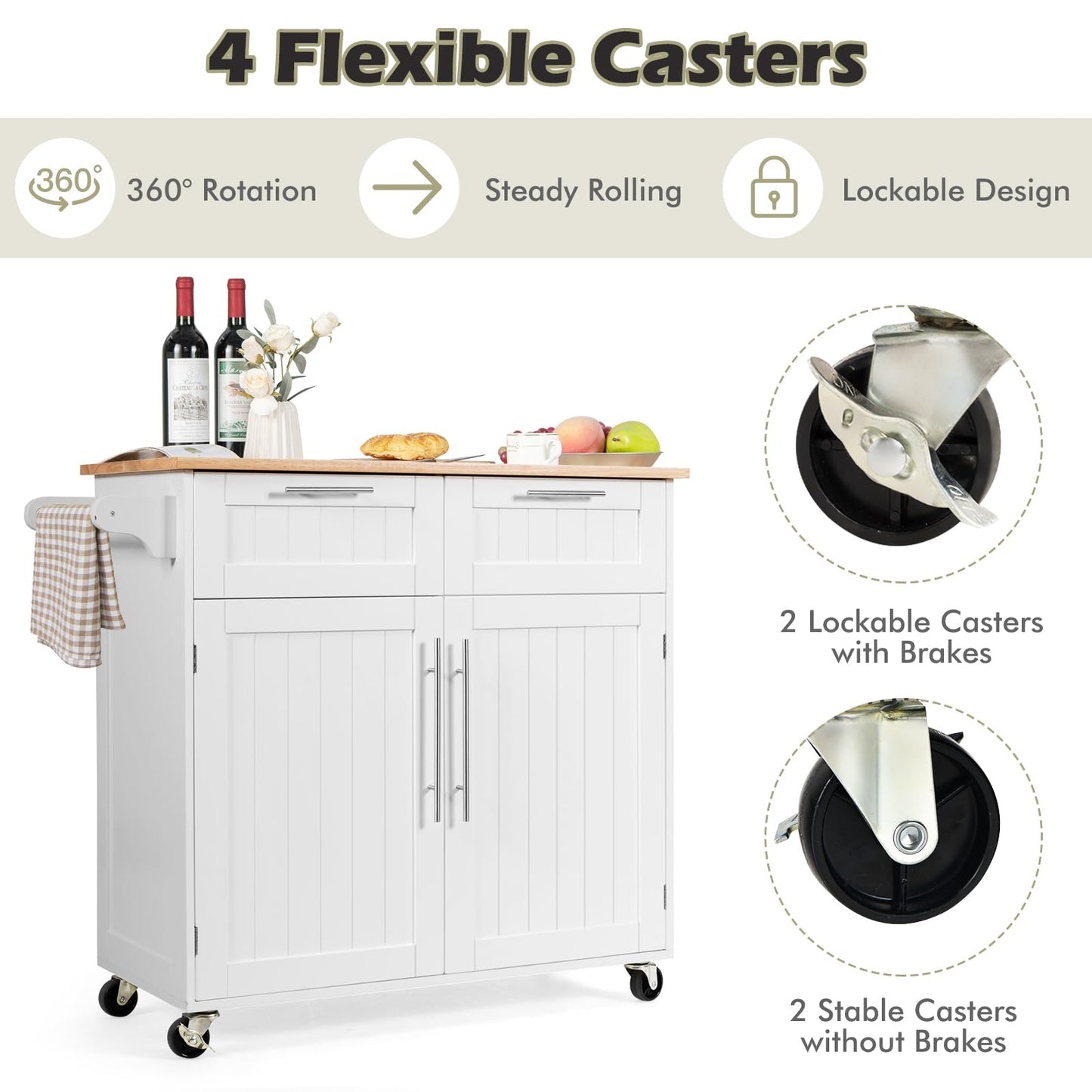 KOMFOTTEU Kitchen Trolley with Worktop, Kitchen Island with Wheels, Serving Trolley with 2 Drawers and Doors, Large Wooden Trolley 94 x 45.5 x 94.5 cm (Black)