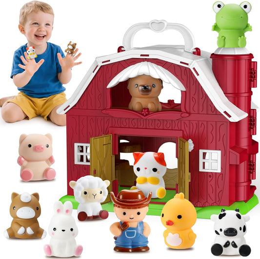 HappyKidsClub Montessori Bauernhof Spielzeug ab 1-4 Jahre, Aufklappbare Scheune Spielhaus für Kleinkinder mit 9 Tieren & Bauer - Pädagogisches Geschenk für Kinder - Baby Lernspielzeug Set