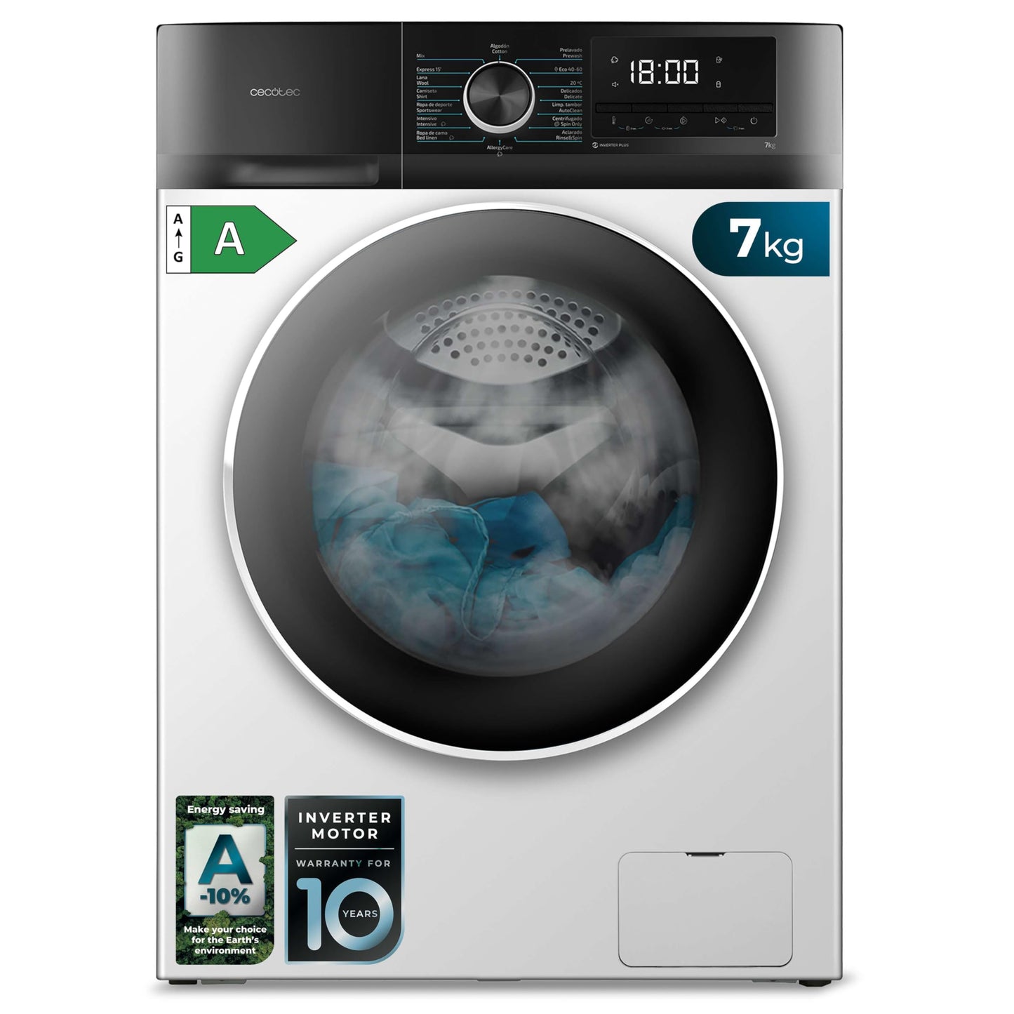 Cecotec Washing Machine 12 kg Front Load Bolero DressCode 12500 Inverter Steel A, 1400 rpm, Inverter Plus Motor, 16 Progr, SteamMax, Pearl Drum, Delay Start, Drum Clean, Display, Allergy Care, Stop &